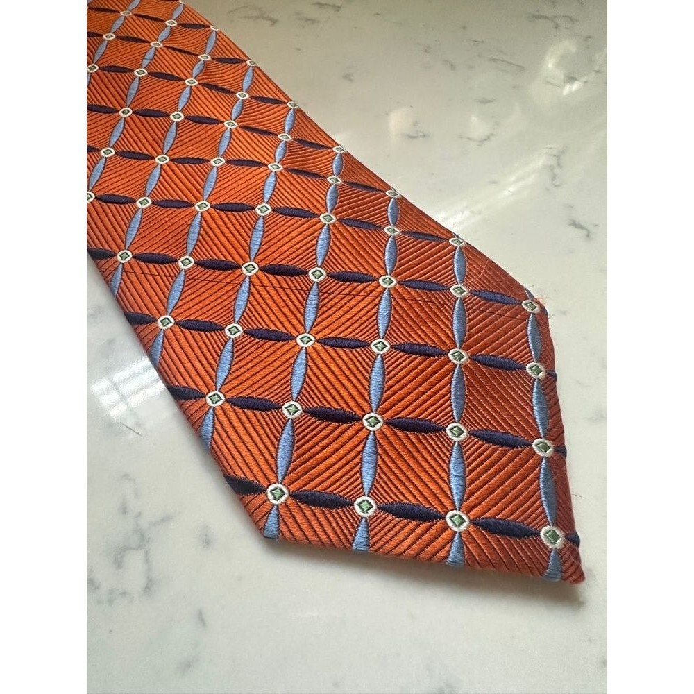 JOS. A. BANK Mens Necktie Orange Blue Green Geometric Ribbed Handmade Silk